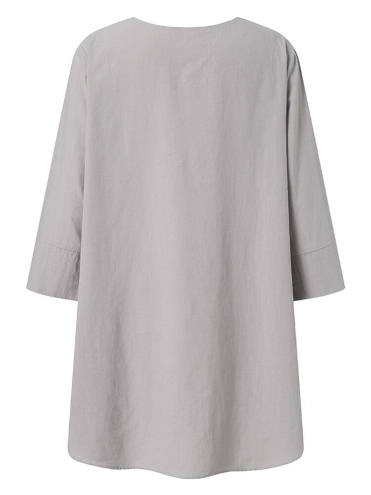 Blusa De Algodón Sólido Informal Con Cuello En V Y Manga 3/4 Para Mujer