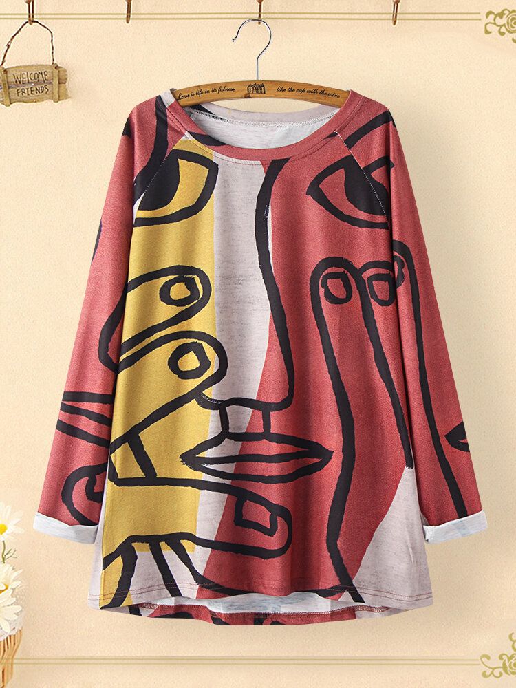 Blusa Asimétrica De Manga Larga Con Cuello Redondo Y Estampado Vintage Para Mujer