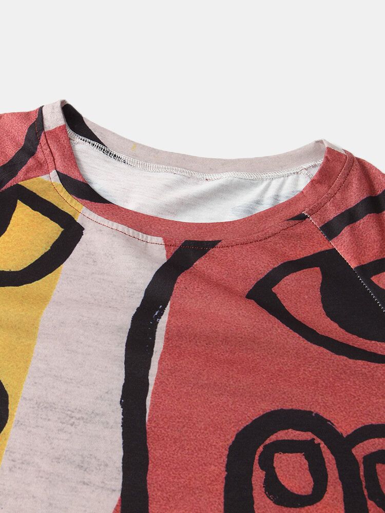 Blusa Asimétrica De Manga Larga Con Cuello Redondo Y Estampado Vintage Para Mujer