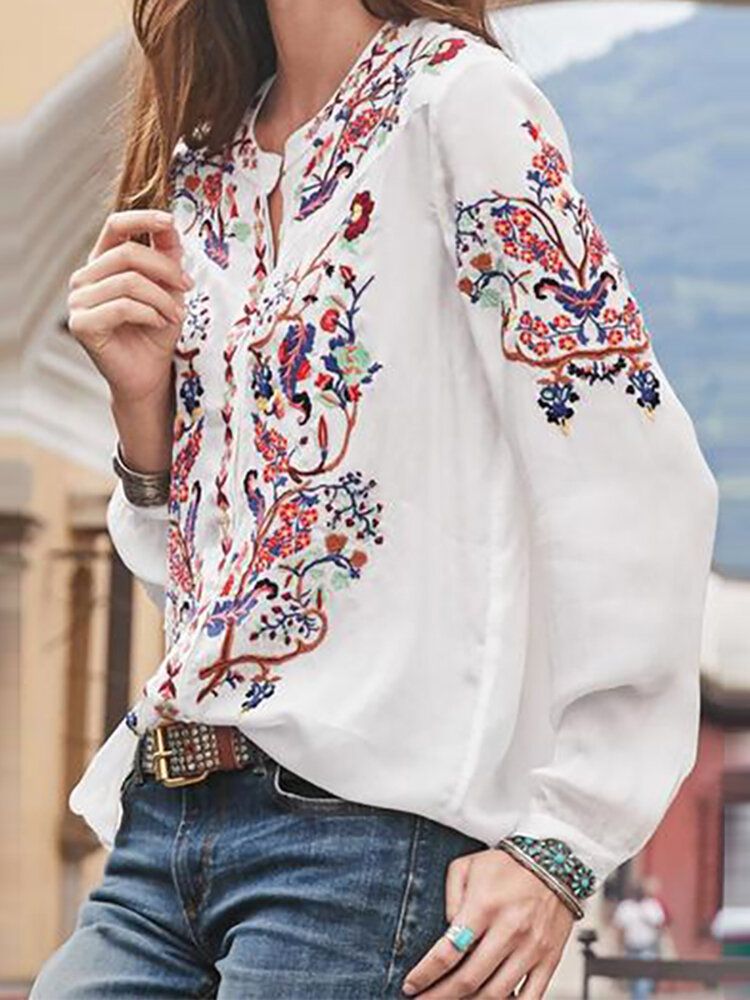 Blusa De Botones Bohemia De Manga Larga Con Cuello Redondo Y Estampado De Estilo Étnico Para Mujer