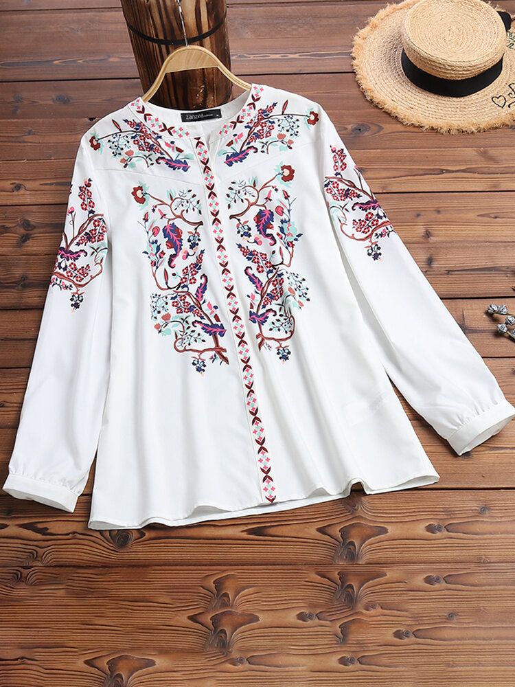 Blusa De Botones Bohemia De Manga Larga Con Cuello Redondo Y Estampado De Estilo Étnico Para Mujer