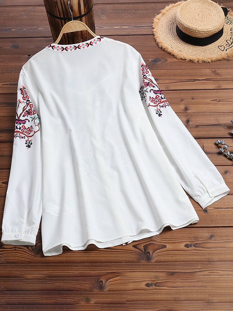 Blusa De Botones Bohemia De Manga Larga Con Cuello Redondo Y Estampado De Estilo Étnico Para Mujer