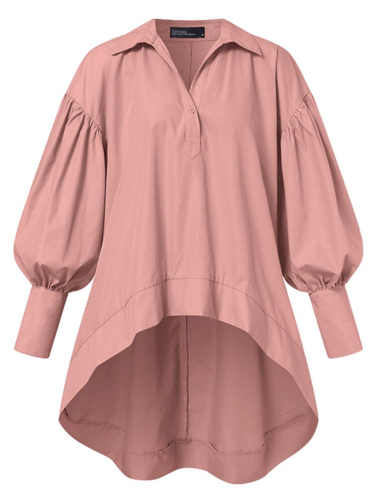 Blusa De Botones De Dobladillo Alto Y Bajo Con Manga Abullonada Y Solapa Suelta De Color Sólido Para Mujer