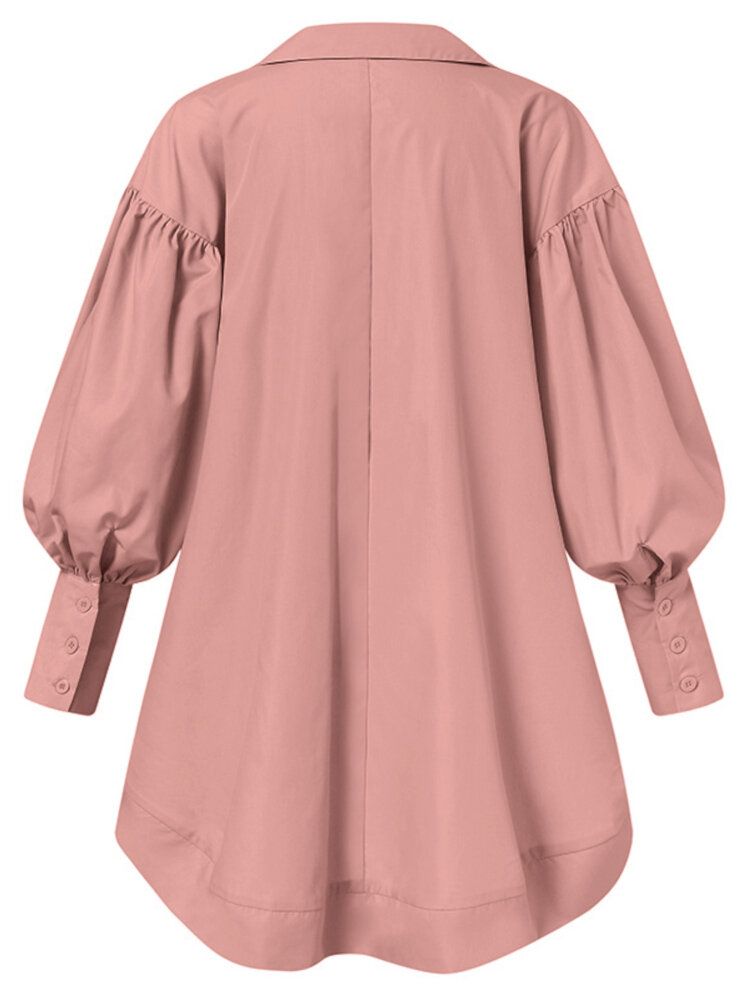 Blusa De Botones De Dobladillo Alto Y Bajo Con Manga Abullonada Y Solapa Suelta De Color Sólido Para Mujer