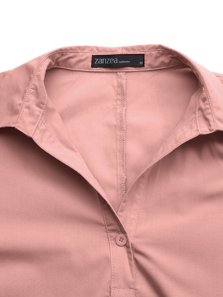 Blusa De Botones De Dobladillo Alto Y Bajo Con Manga Abullonada Y Solapa Suelta De Color Sólido Para Mujer