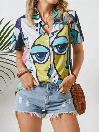 Blusa De Botones De Manga Corta Con Solapa Y Estampado Abstracto Para Mujer