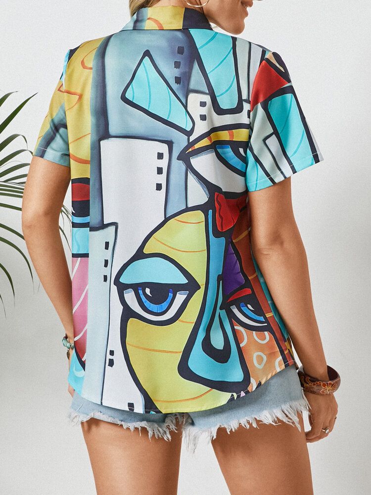 Blusa De Botones De Manga Corta Con Solapa Y Estampado Abstracto Para Mujer