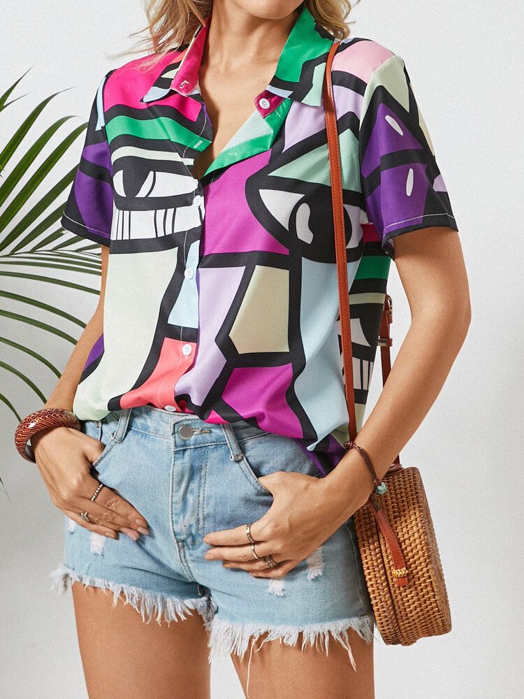 Blusa De Botones De Manga Corta Con Solapa Y Estampado Abstracto Para Mujer