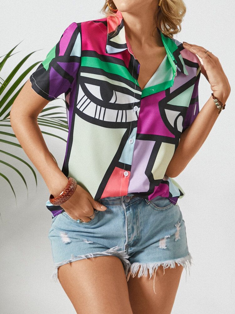 Blusa De Botones De Manga Corta Con Solapa Y Estampado Abstracto Para Mujer