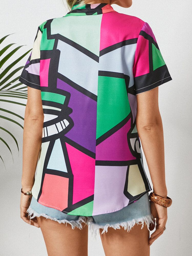 Blusa De Botones De Manga Corta Con Solapa Y Estampado Abstracto Para Mujer