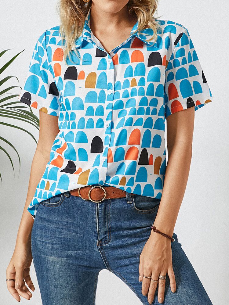 Blusa De Botones De Manga Corta Con Solapa Y Estampado Geométrico Para Mujer