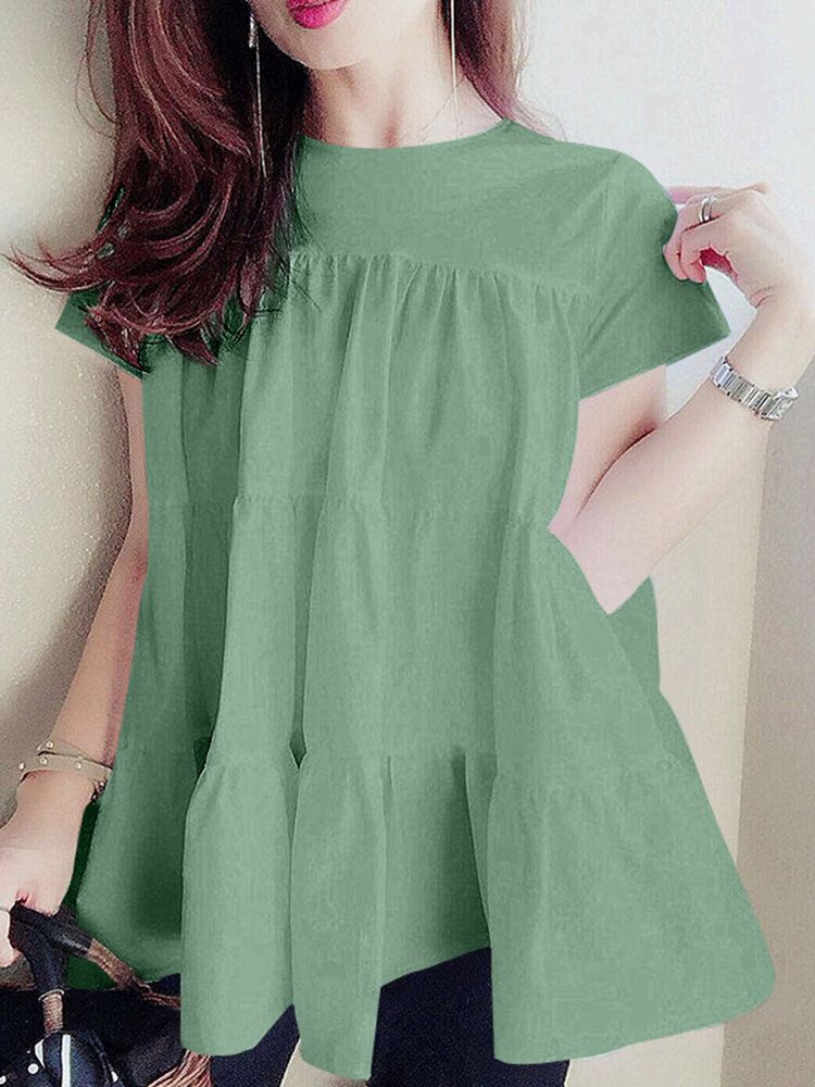 Blusa En Capas Con Cuello En O Informal De Costura De Manga Corta De Color Sólido Para Mujer