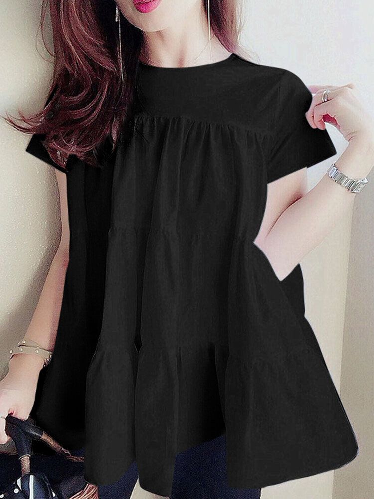 Blusa En Capas Con Cuello En O Informal De Costura De Manga Corta De Color Sólido Para Mujer