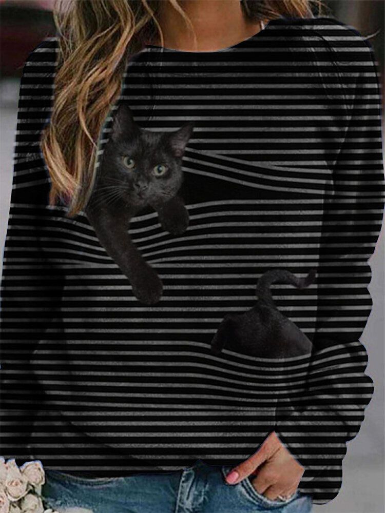 Blusa Casual A Rayas De Manga Larga Con Estampado De Gato Negro 3d Para Mujer