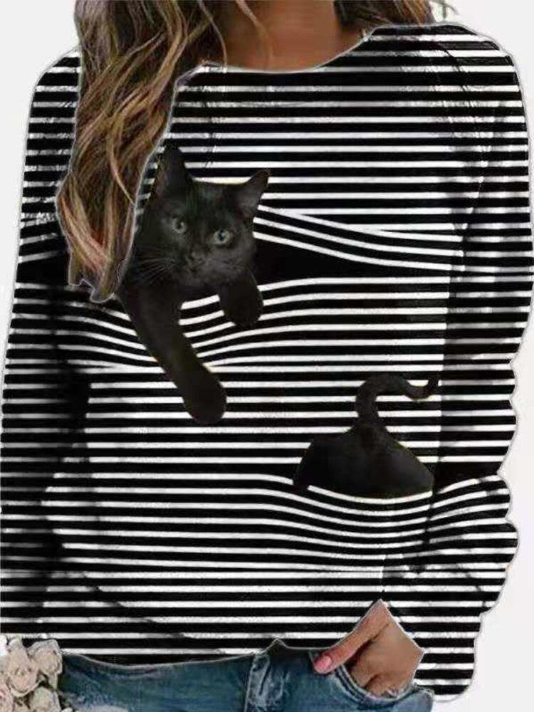 Blusa Casual A Rayas De Manga Larga Con Estampado De Gato Negro 3d Para Mujer