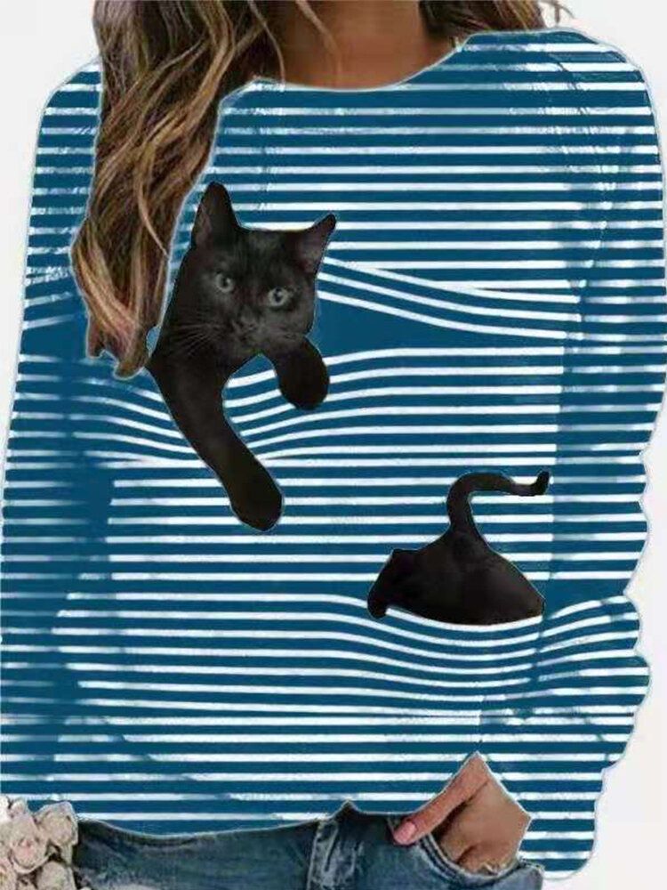 Blusa Casual A Rayas De Manga Larga Con Estampado De Gato Negro 3d Para Mujer