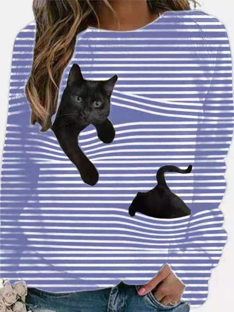 Blusa Casual A Rayas De Manga Larga Con Estampado De Gato Negro 3d Para Mujer