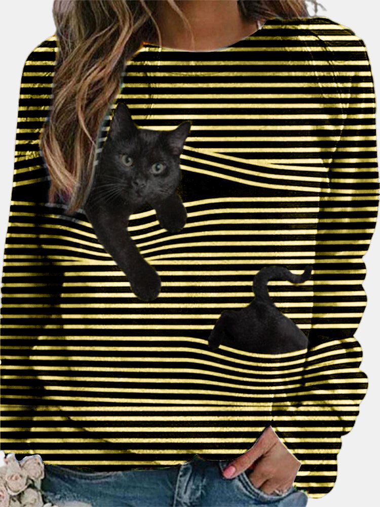 Blusa Casual A Rayas De Manga Larga Con Estampado De Gato Negro 3d Para Mujer