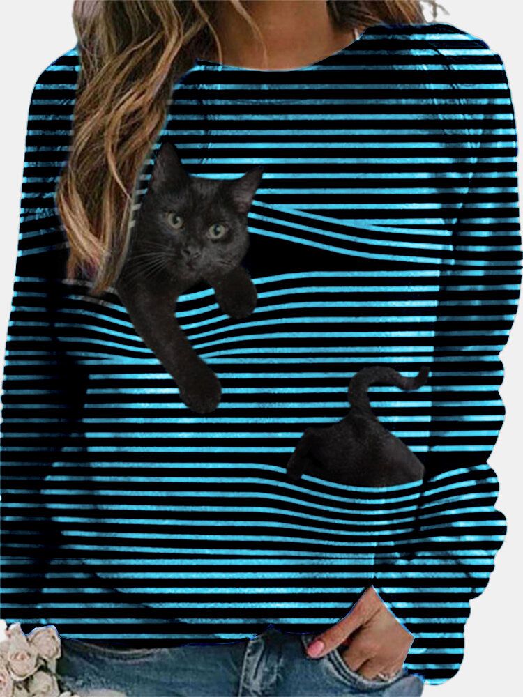 Blusa Casual A Rayas De Manga Larga Con Estampado De Gato Negro 3d Para Mujer