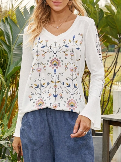 Blusa Casual Bohemia De Vacaciones Con Cuello En V Y Estampado Floral De Manga Larga De Campana Para Mujer