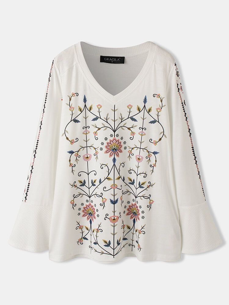 Blusa Casual Bohemia De Vacaciones Con Cuello En V Y Estampado Floral De Manga Larga De Campana Para Mujer