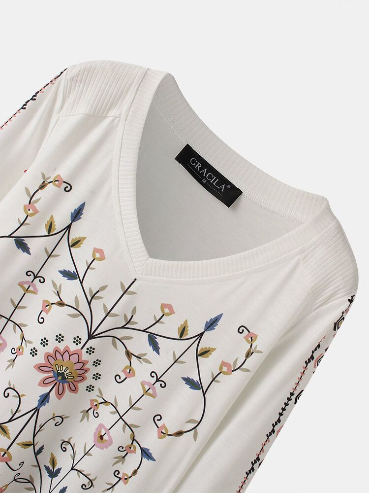 Blusa Casual Bohemia De Vacaciones Con Cuello En V Y Estampado Floral De Manga Larga De Campana Para Mujer