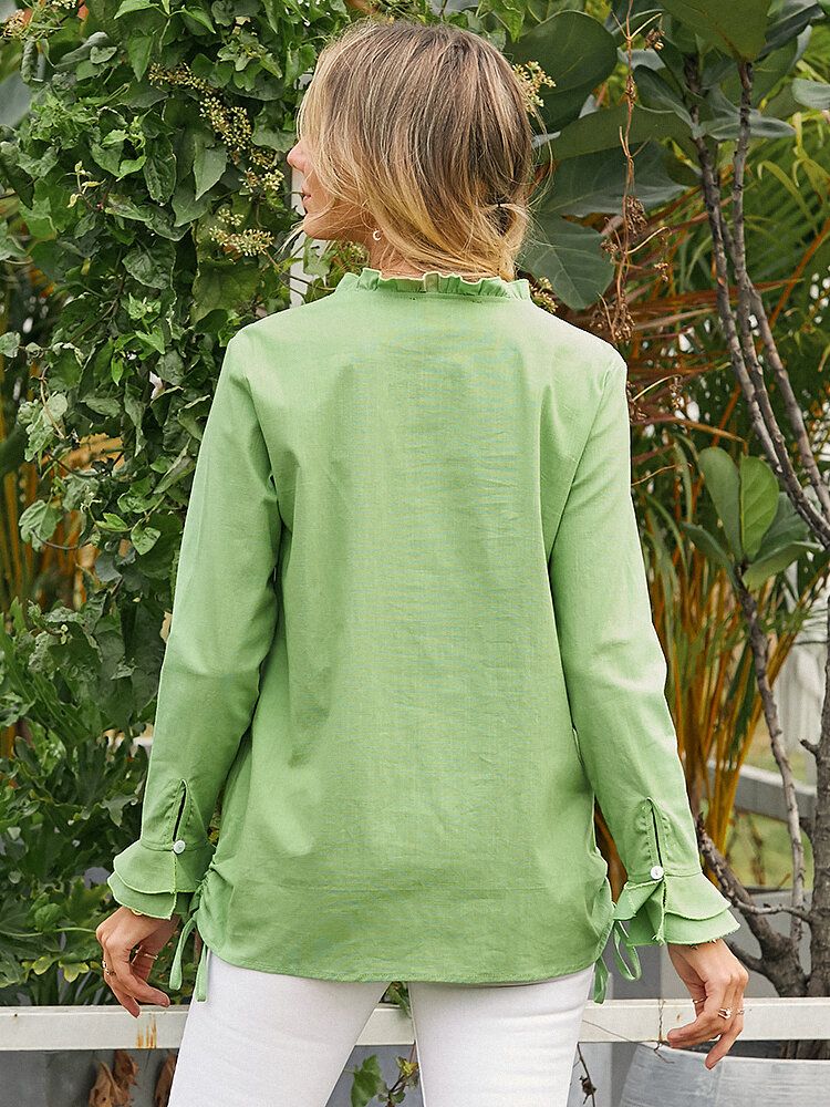 Blusa Casual Con Botones De Cordón De Manga Larga Con Volantes Verdes Para Mujer