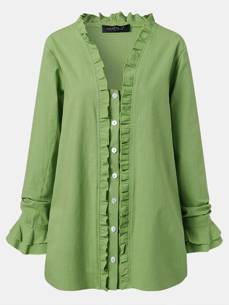 Blusa Casual Con Botones De Cordón De Manga Larga Con Volantes Verdes Para Mujer