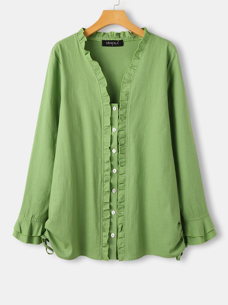 Blusa Casual Con Botones De Cordón De Manga Larga Con Volantes Verdes Para Mujer