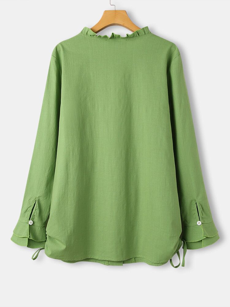 Blusa Casual Con Botones De Cordón De Manga Larga Con Volantes Verdes Para Mujer