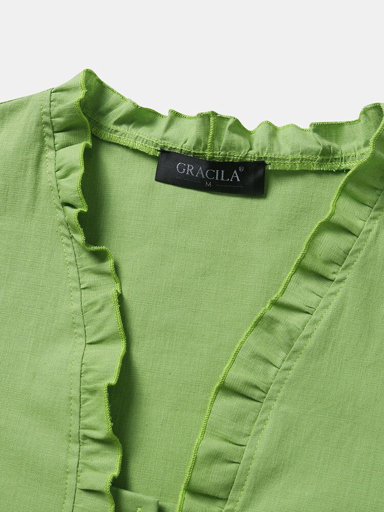 Blusa Casual Con Botones De Cordón De Manga Larga Con Volantes Verdes Para Mujer