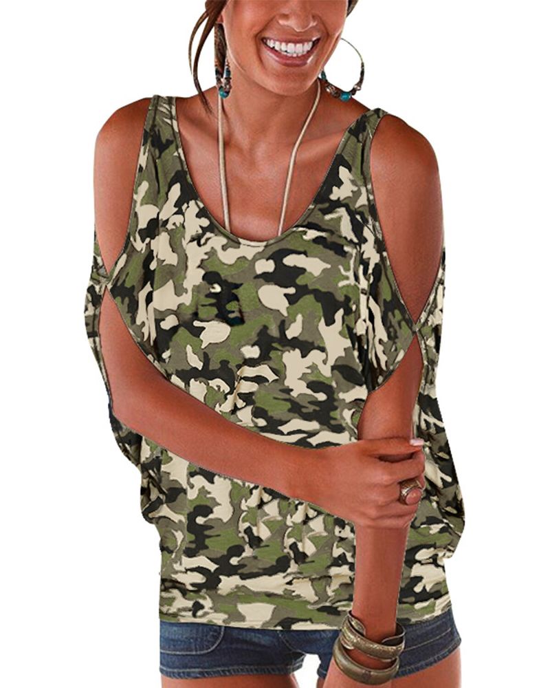 Blusa Casual Con Estampado De Camuflaje Y Hombros Descubiertos Para Mujer