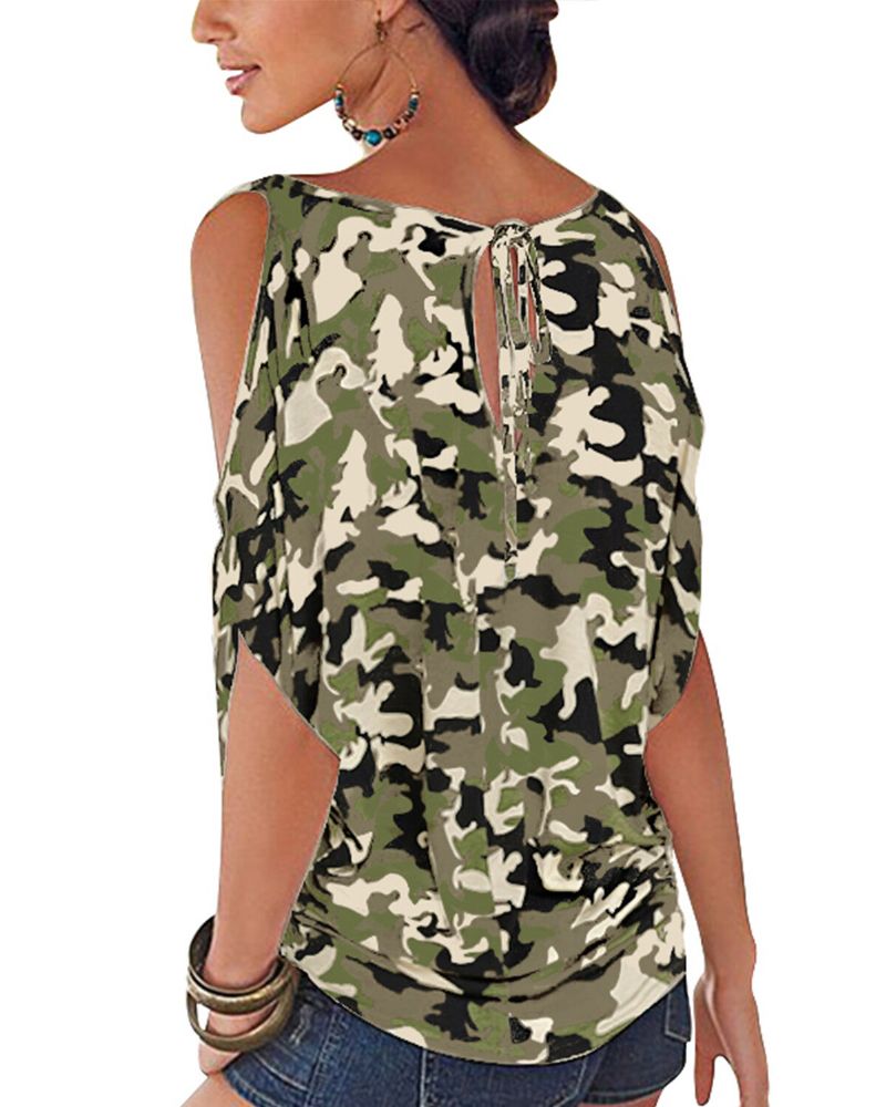 Blusa Casual Con Estampado De Camuflaje Y Hombros Descubiertos Para Mujer