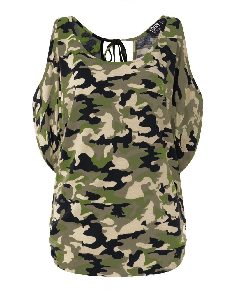 Blusa Casual Con Estampado De Camuflaje Y Hombros Descubiertos Para Mujer