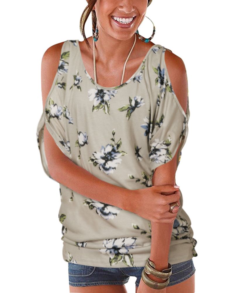 Blusa Casual Con Estampado Floral Y Cuello Redondo Con Hombros Descubiertos