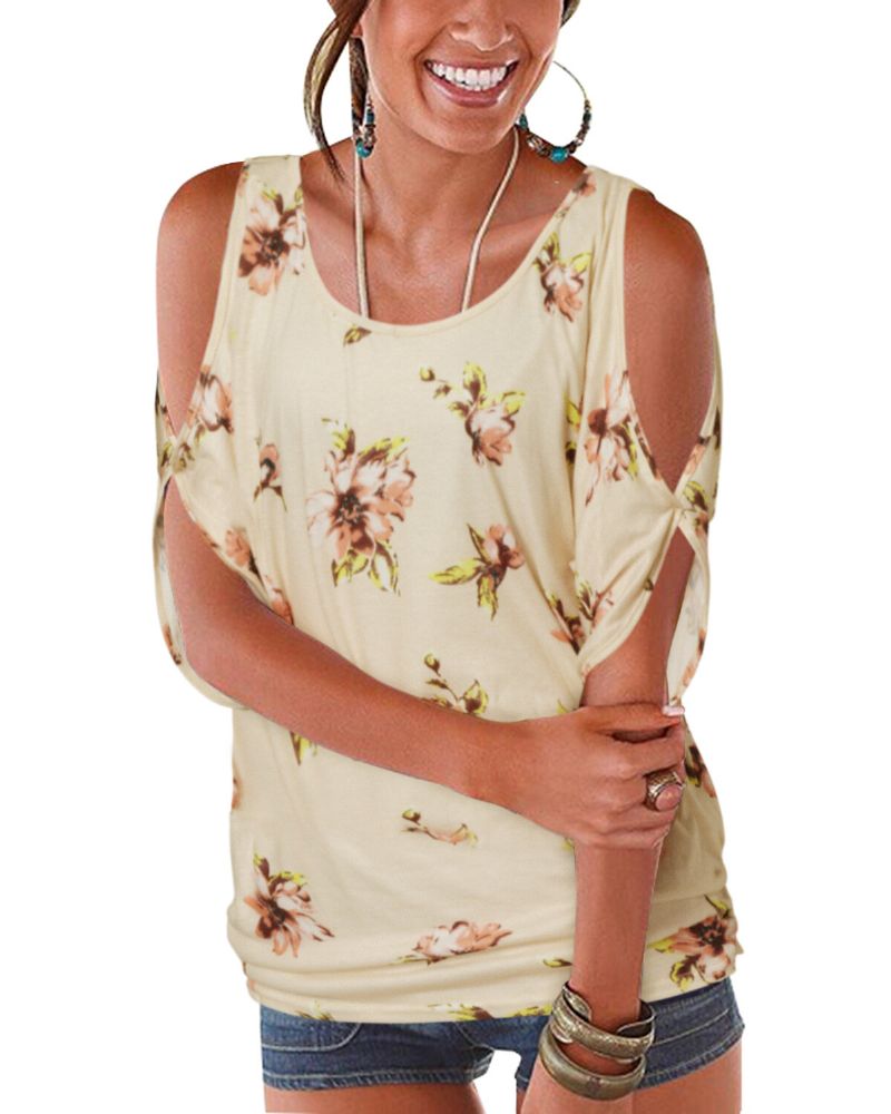 Blusa Casual Con Estampado Floral Y Cuello Redondo Con Hombros Descubiertos