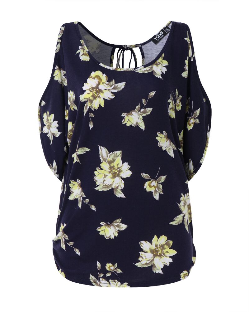 Blusa Casual Con Estampado Floral Y Cuello Redondo Con Hombros Descubiertos