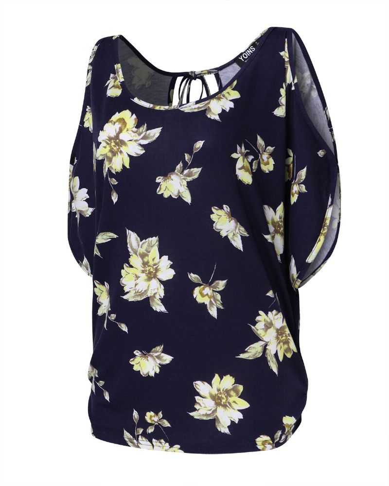 Blusa Casual Con Estampado Floral Y Cuello Redondo Con Hombros Descubiertos