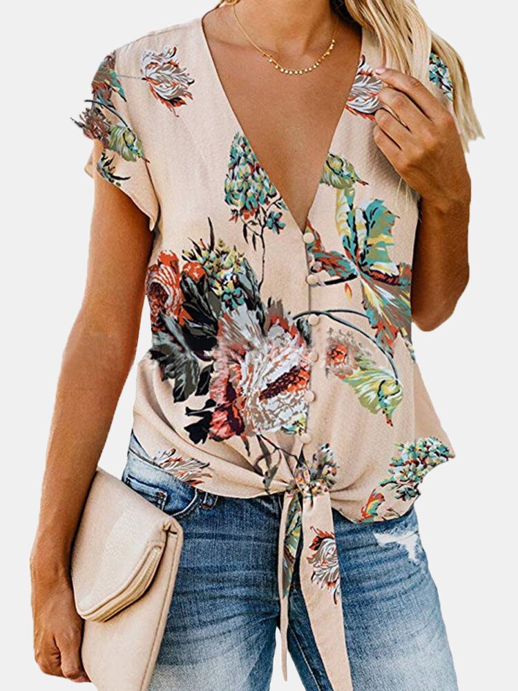 Blusa Casual Con Mangas Con Volantes Y Cuello En V Con Estampado Floral Al Azar Para Mujer