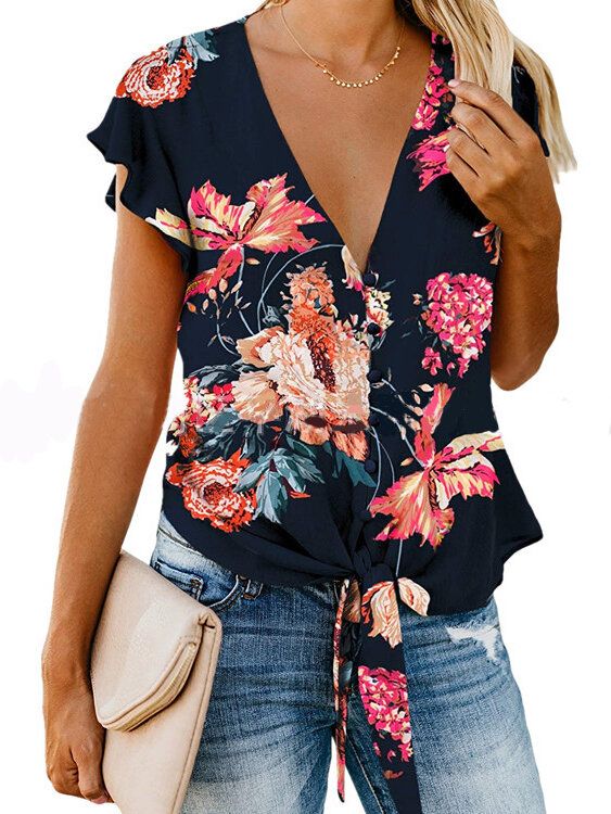 Blusa Casual Con Mangas Con Volantes Y Cuello En V Con Estampado Floral Al Azar Para Mujer