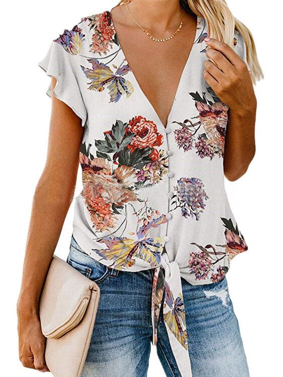 Blusa Casual Con Mangas Con Volantes Y Cuello En V Con Estampado Floral Al Azar Para Mujer