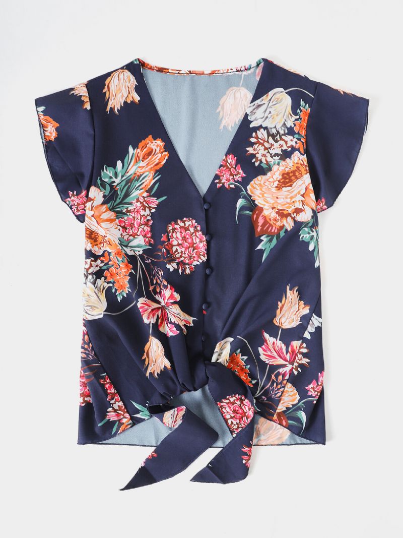 Blusa Casual Con Mangas Con Volantes Y Cuello En V Con Estampado Floral Al Azar Para Mujer