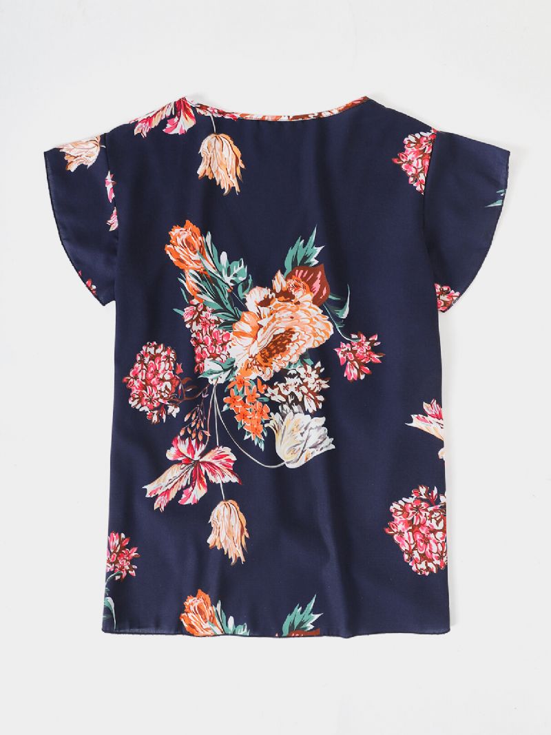 Blusa Casual Con Mangas Con Volantes Y Cuello En V Con Estampado Floral Al Azar Para Mujer