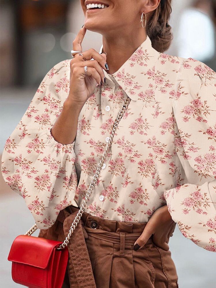 Blusa Casual Con Solapa Con Botones Y Manga De Linterna Con Estampado Floral Vintage Para Mujer