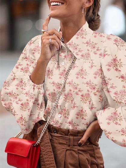 Blusa Casual Con Solapa Con Botones Y Manga De Linterna Con Estampado Floral Vintage Para Mujer