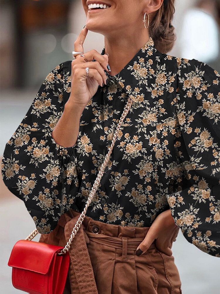 Blusa Casual Con Solapa Con Botones Y Manga De Linterna Con Estampado Floral Vintage Para Mujer