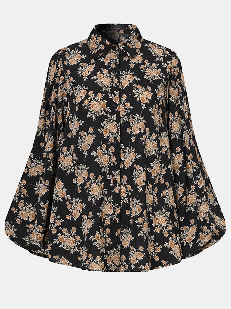 Blusa Casual Con Solapa Con Botones Y Manga De Linterna Con Estampado Floral Vintage Para Mujer