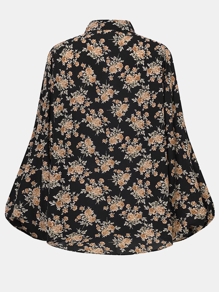 Blusa Casual Con Solapa Con Botones Y Manga De Linterna Con Estampado Floral Vintage Para Mujer