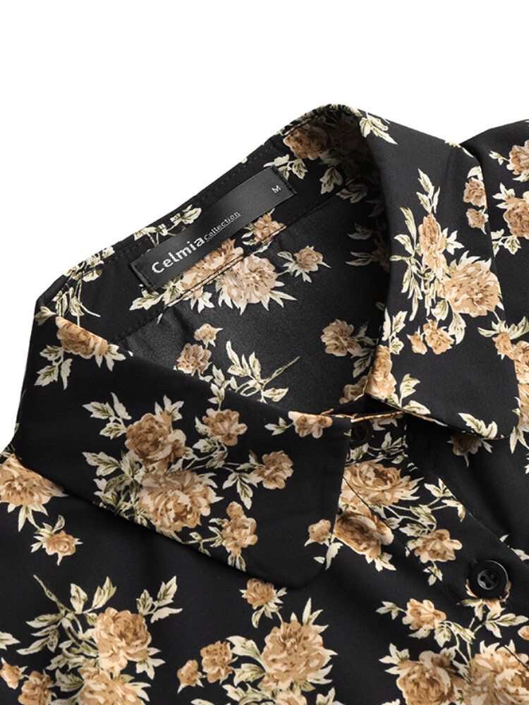 Blusa Casual Con Solapa Con Botones Y Manga De Linterna Con Estampado Floral Vintage Para Mujer