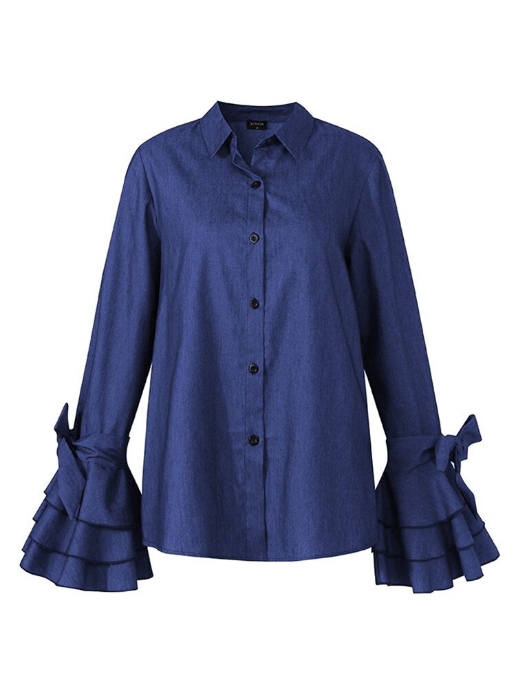 Blusa Casual Elegante De Color Sólido Con Cuello De Solapa Y Manga De Pagoda Para Mujer